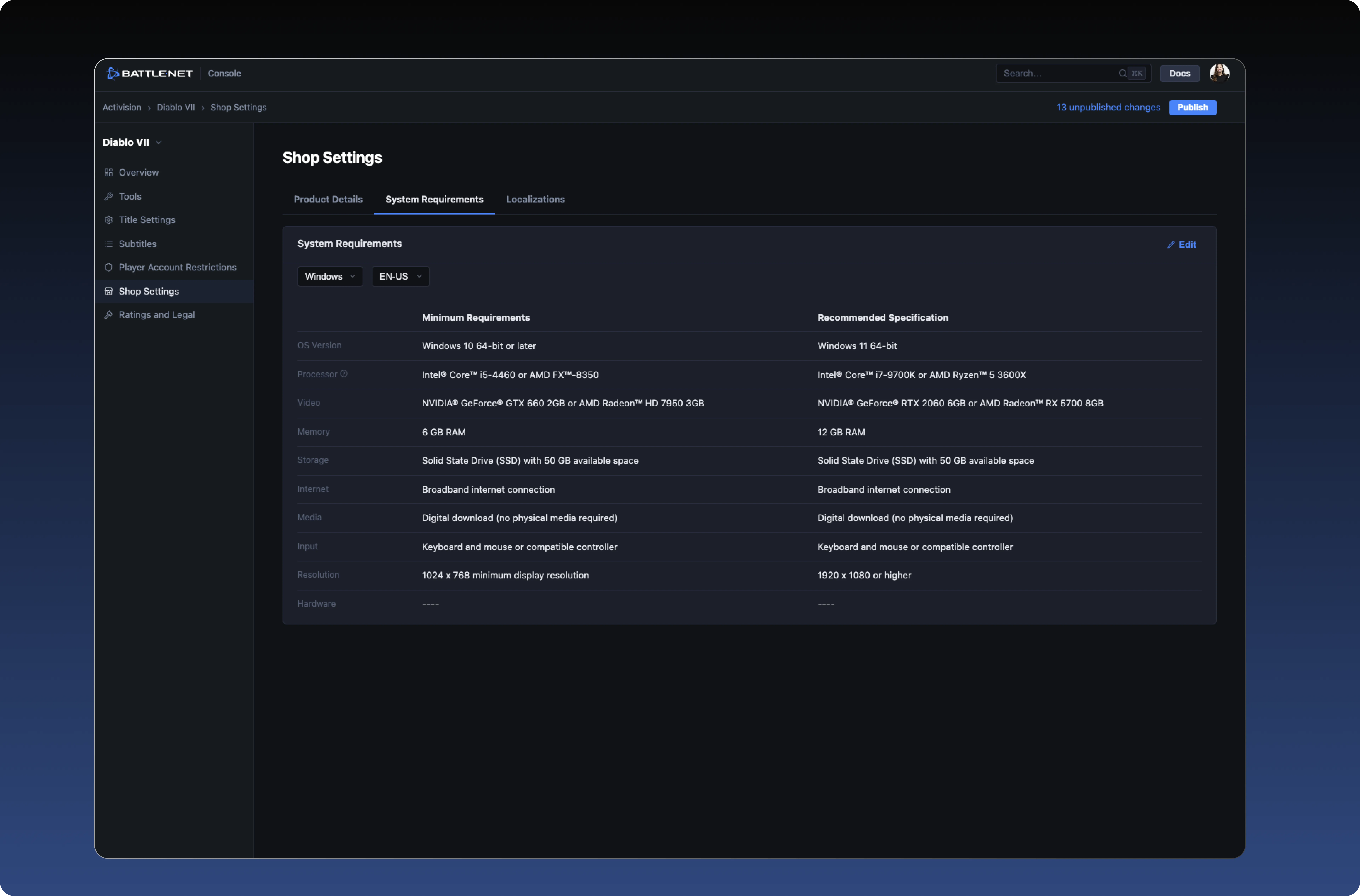 Shop settings and system requirements